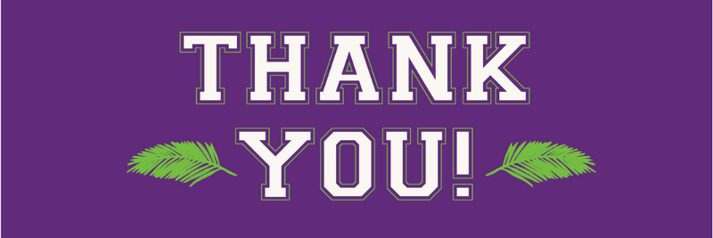 Thank You! in white varsity letters with green palm fronds on a purple background